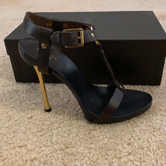 VINTAGE NEW GUCCI BNIB “KYLIE” DK BROWN LEATHER STILETTOS w/GOLD HEELS SZ 36 (6) - Picture 13 of 16